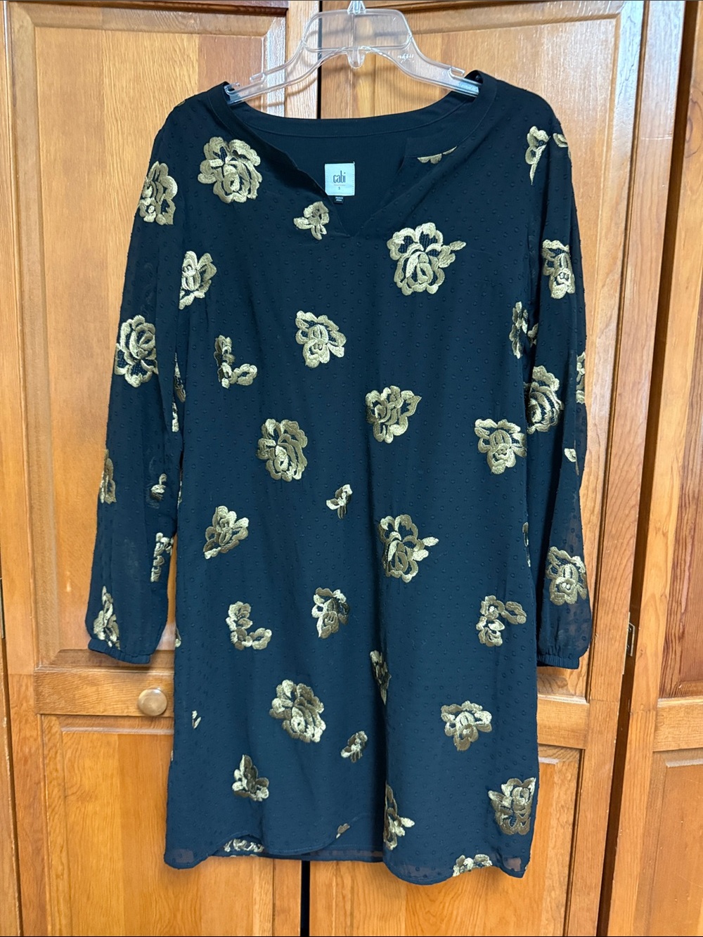 CAbi Black Long Sleeve Dress with Gold Floral Accents